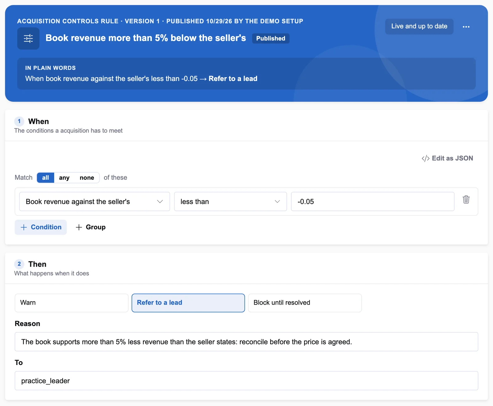 An acquisition control in the rule editor